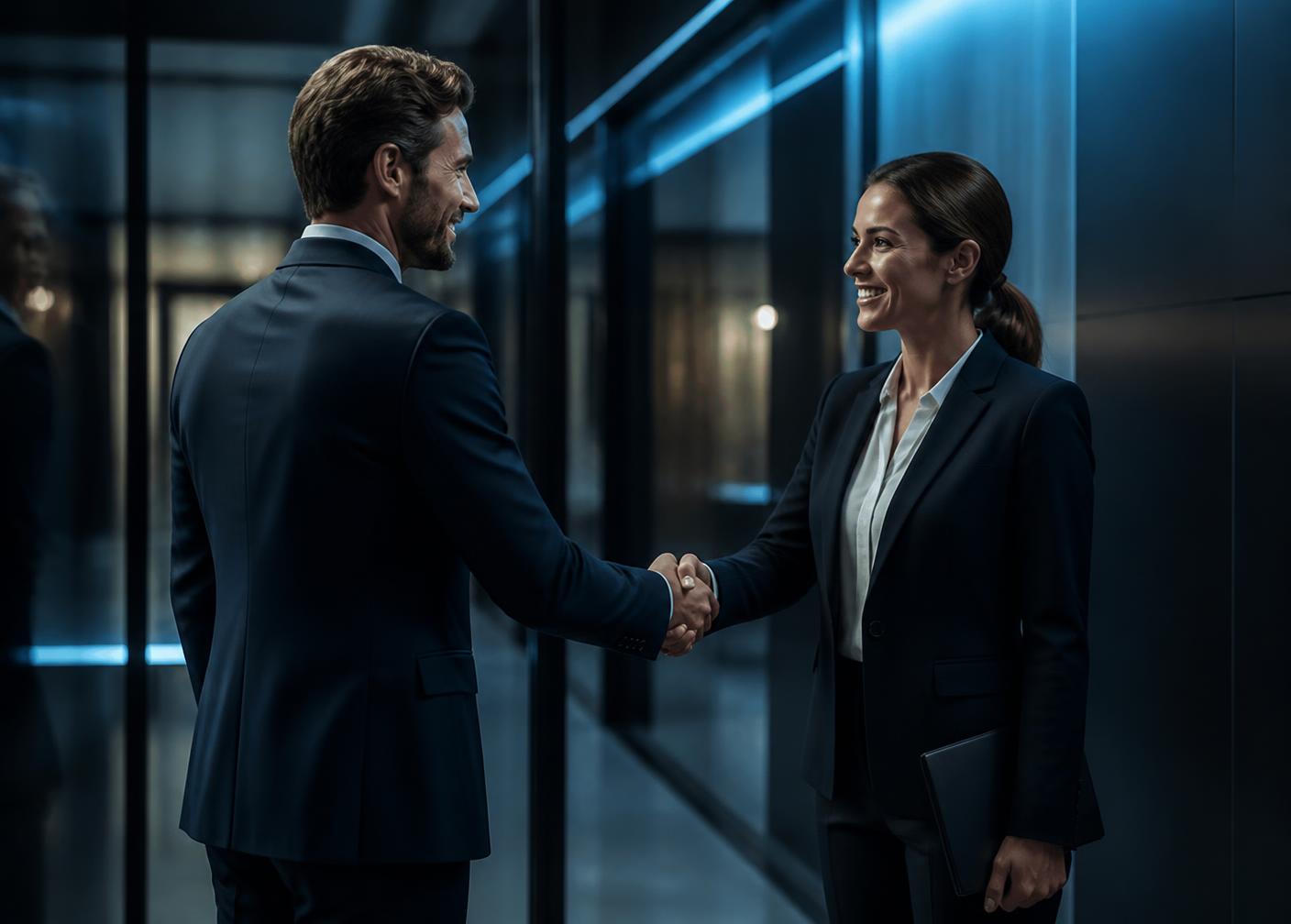 Business partners shaking hands in a modern office