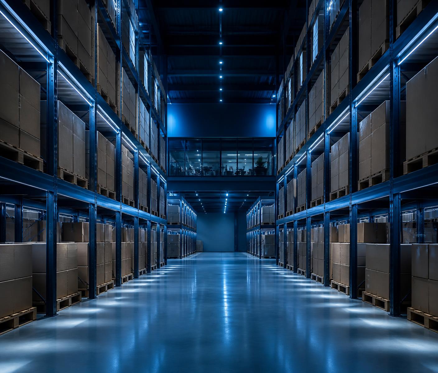 Technology distribution warehouse aisle with stocked shelving